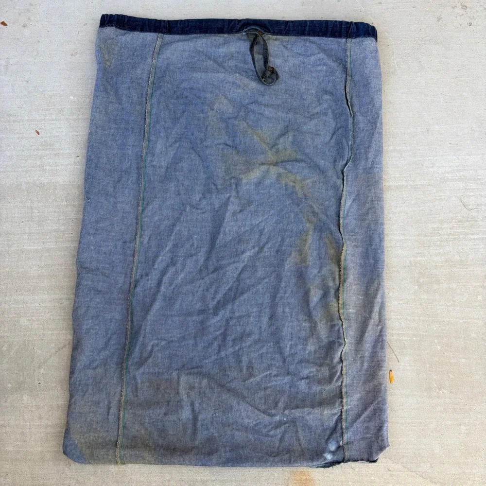Vintage Denim Laundry Bag Indigo Blue Drawstring Duffle Utility Bag Distressed